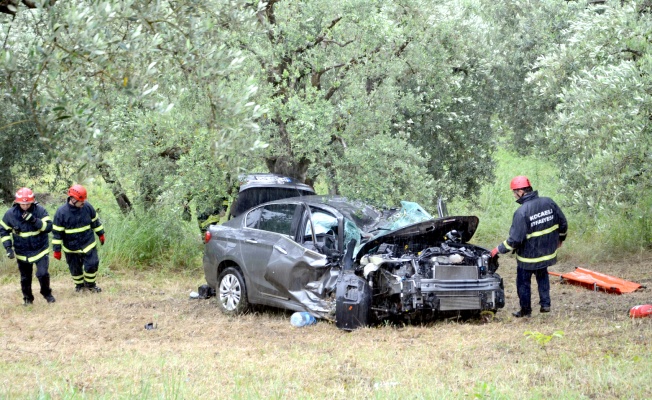 Otomobil yamaçtan zeytinliğe uçtu